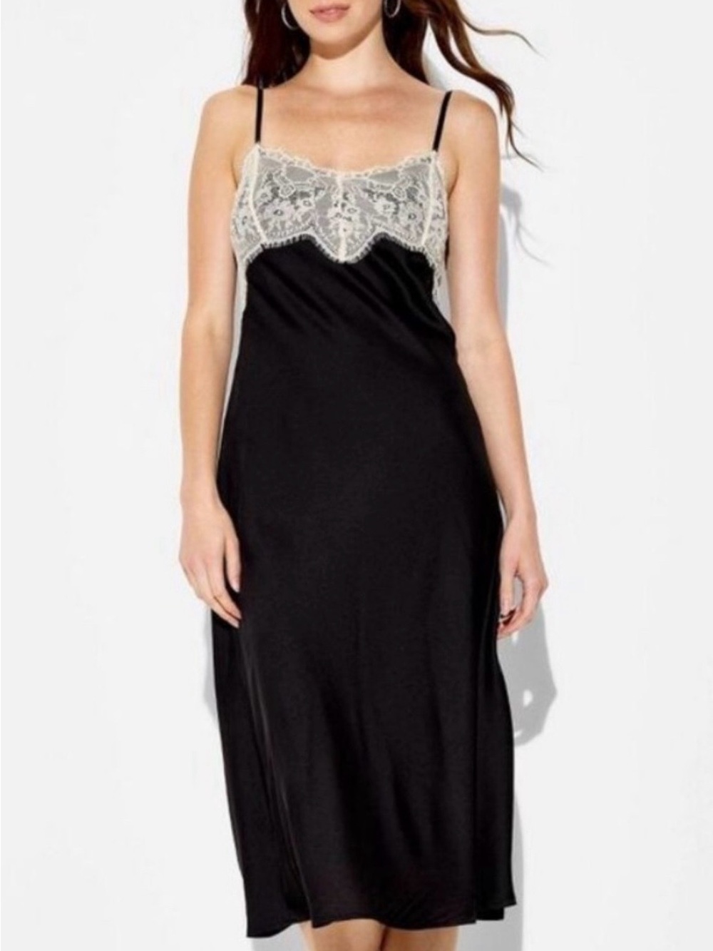 wild fable Black Satin A-Line Midi Dress with Lace Trim